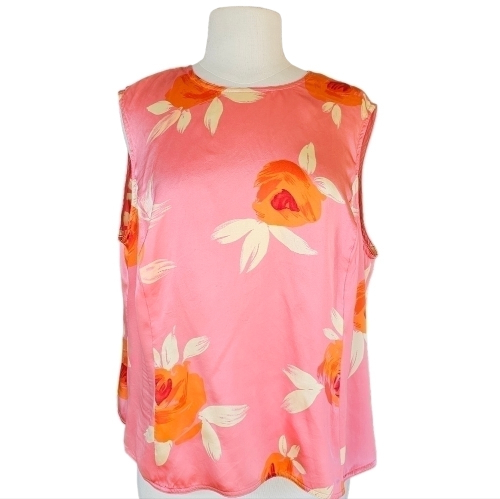 LINDA Allard Ellen Tracy 100% Silk PinkFloral Sleeveless Button Back Top 18